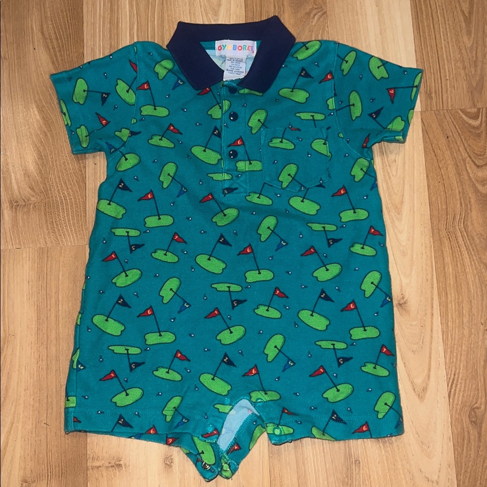 Golf collared polo onesie Baby Romper with Golf flag  Design Size XS 2T
